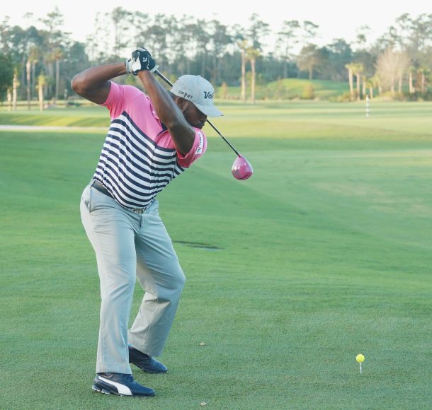 PONTE VEDRA BEACH, FL - OCTOBER 14:  Long drive champion Maurice Allen hits a tee shot during the Drive, Chip and Putt Championship-TPC Sawgrass at the Stadium Course on October 14, 2017 in Ponte Vedra Beach, Florida.  (Photo by Scott Halleran/Getty Images for DC&P Championship)